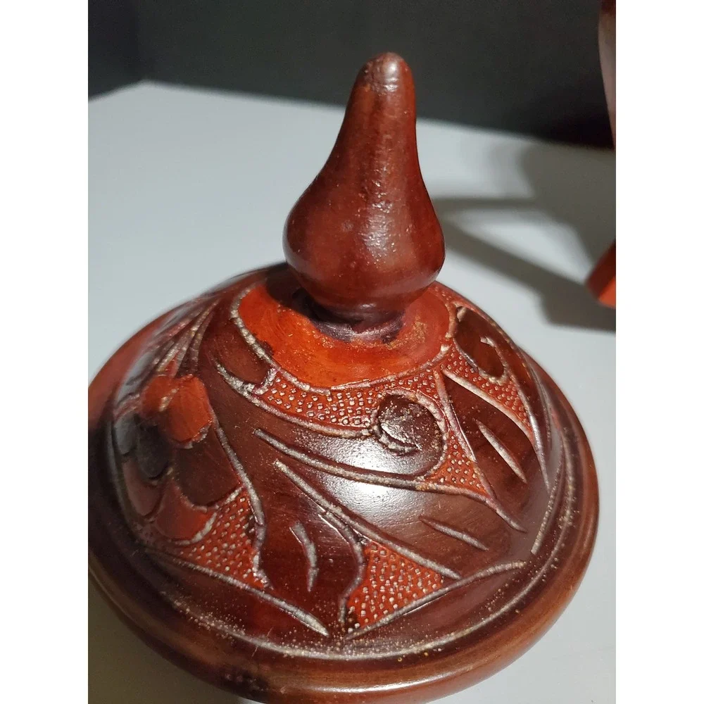 Hand‎ Carved Wood Teapot with Lid Rustic Floral Design Decorative Accent Piece
